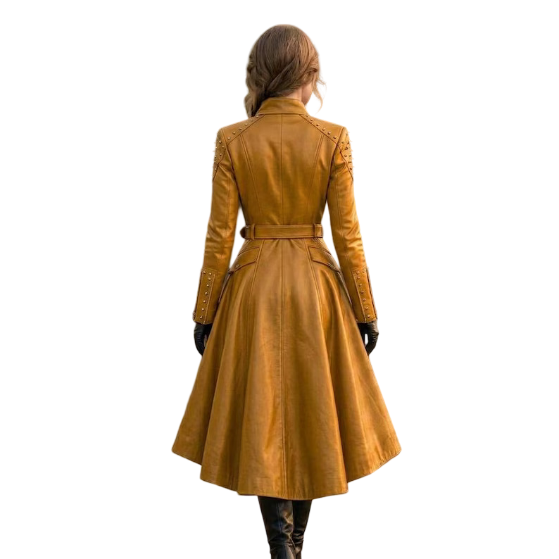 Back view of women's yellow leather trench coat