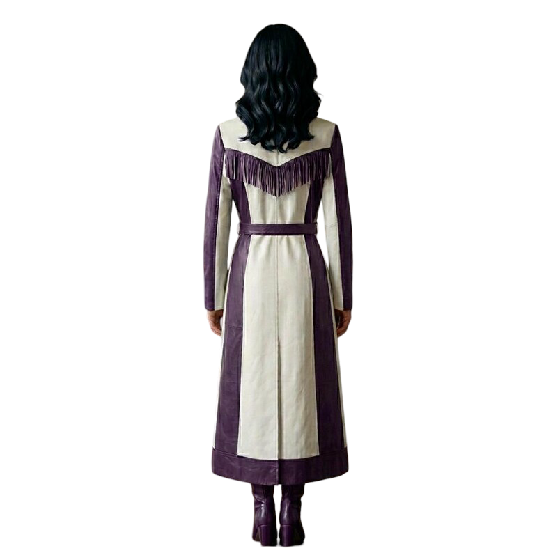 Back view of purple and white cowgirl leather coat