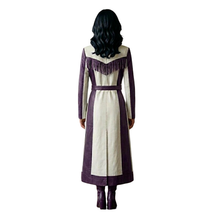 Back view of purple and white cowgirl leather coat