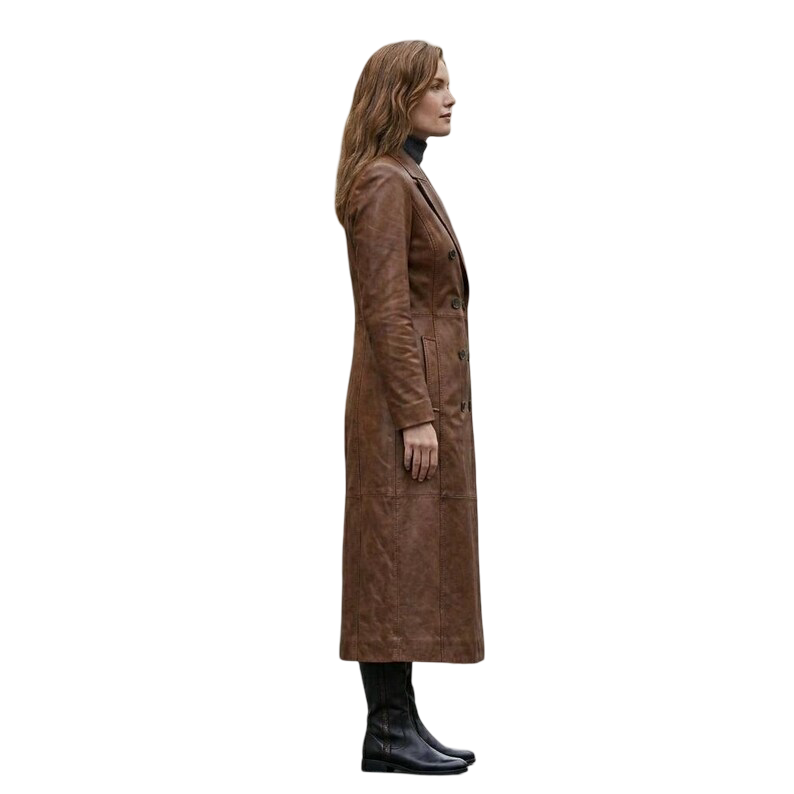 Side profile of brown leather trench overcoat