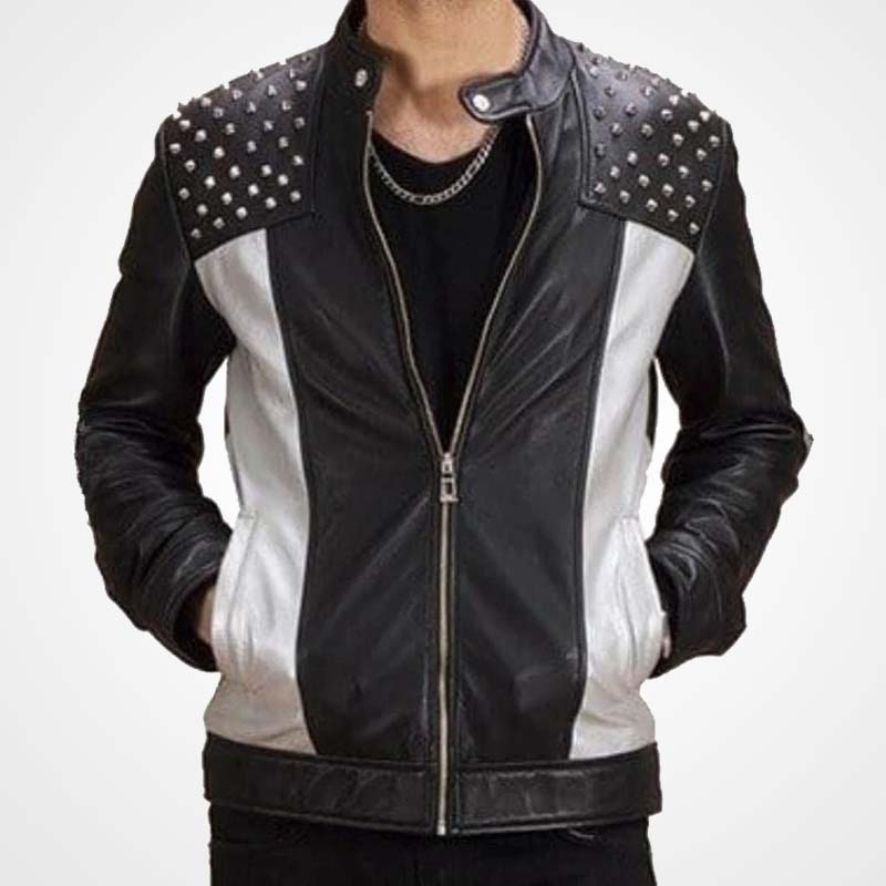 Silver Studded Leather Jacket for Men