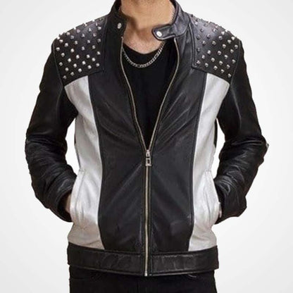 Silver Studded Leather Jacket for Men