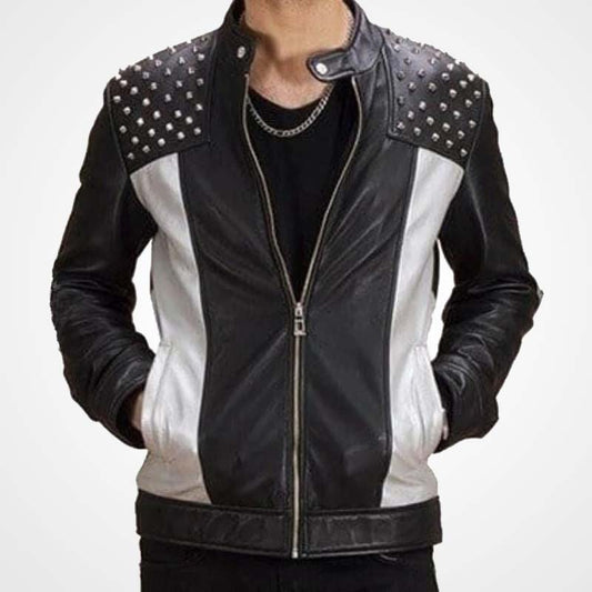 Silver Studded Leather Jacket for Men