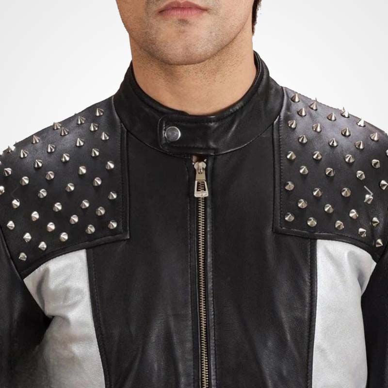 Silver Studded Leather Jacket for Men