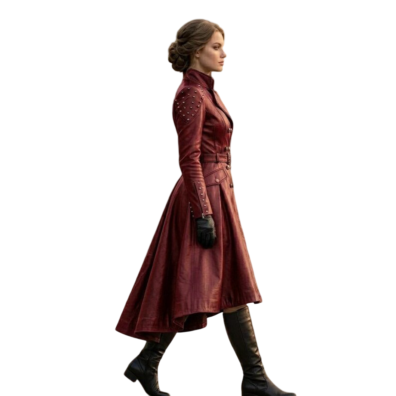 Side profile of vintage red leather trench coat