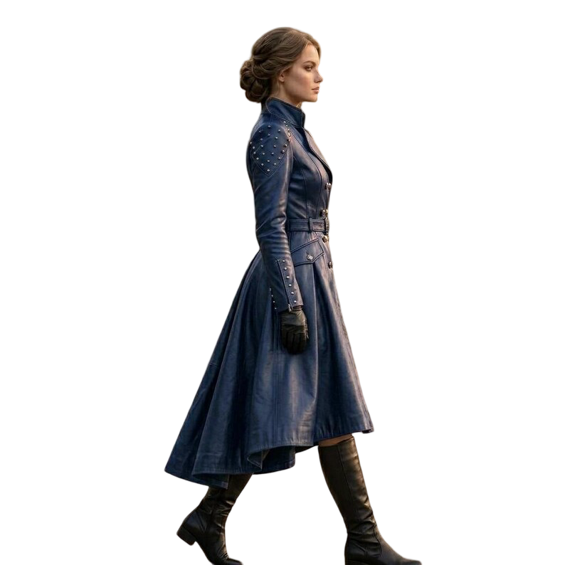Side profile of cyberpunk biker leather trench coat