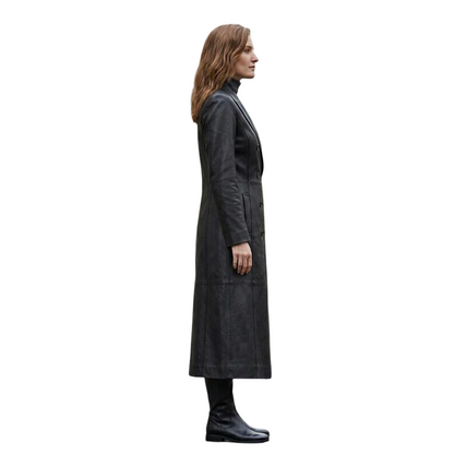 Side profile of women's black leather trench coat