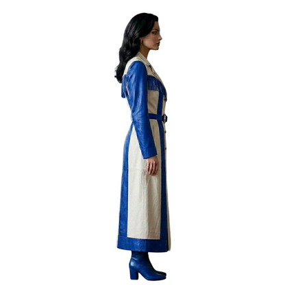 Women's Blue White Leather Fringe Trench Coat Western Cowgirl Duster