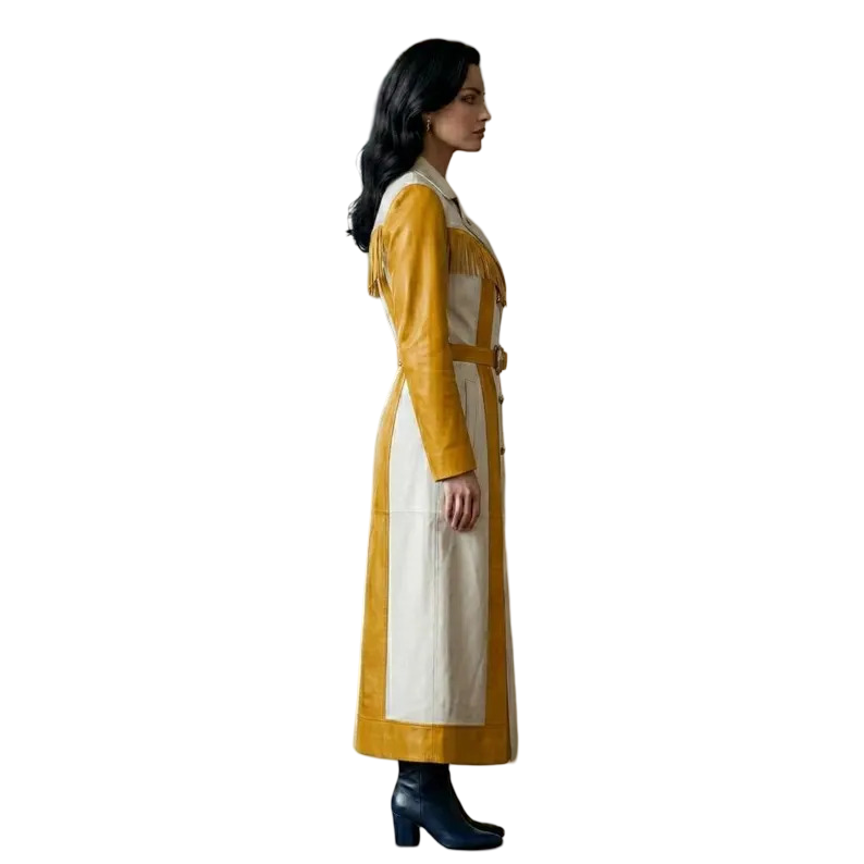 Side view of women's yellow white leather fringe trench coat with flowing fringe detail