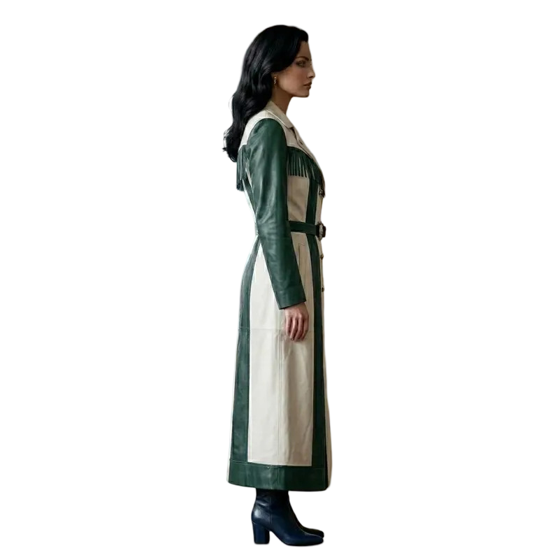Side view of women's western leather trench coat