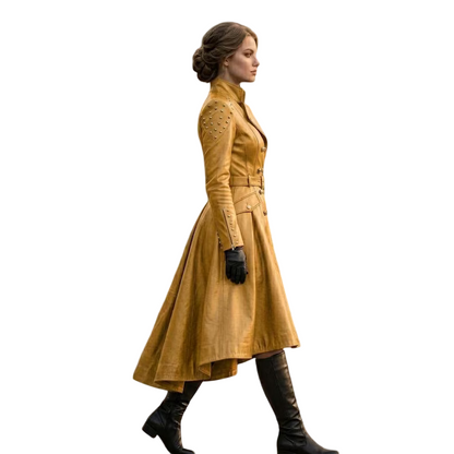 Side profile of women's yellow leather trench coat