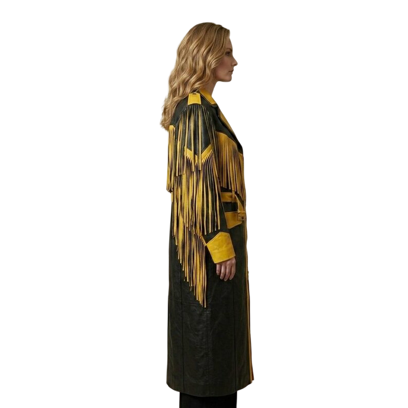 Side view of black yellow leather coat with western fringe styling
