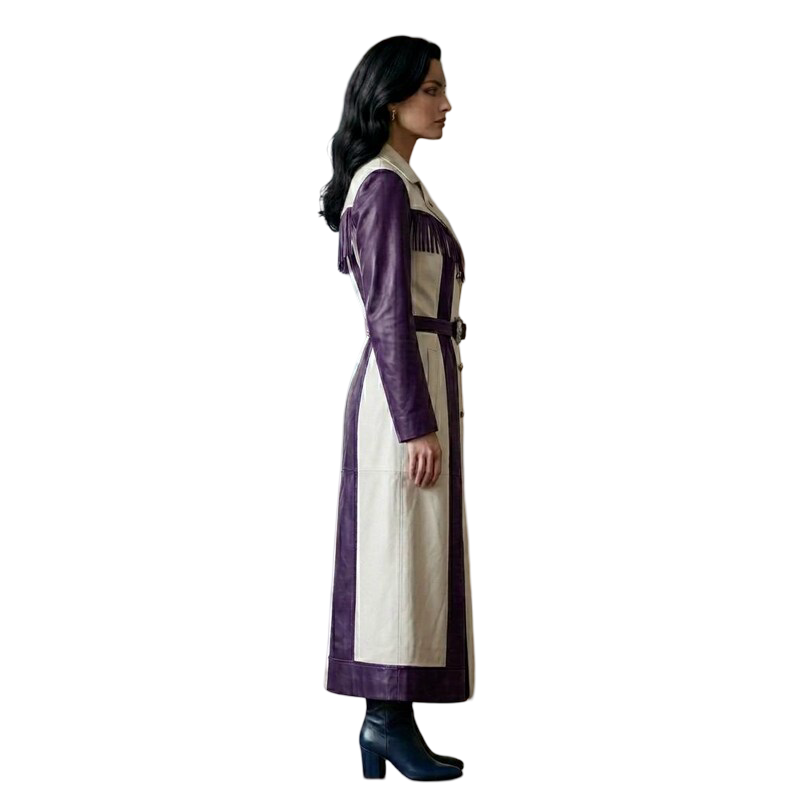 Side profile of women's leather fringe trench coat
