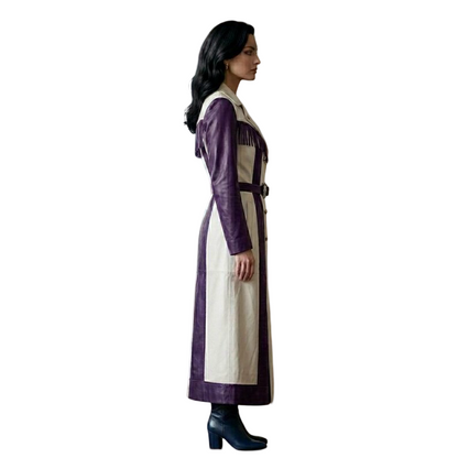 Side profile of women's leather fringe trench coat