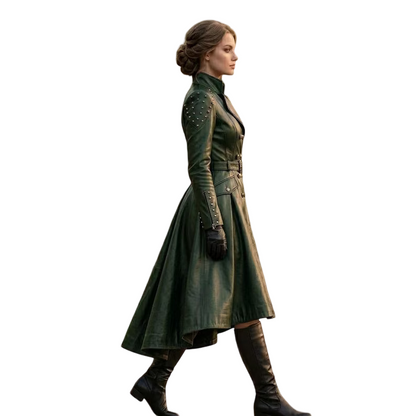 Side profile of women's green leather trench coat