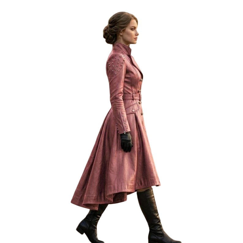 Side view of women's pink leather trench coat with flared hem