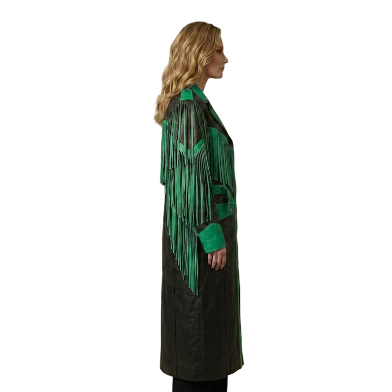 Women's western leather fringe coat side angle showcasing premium craftsmanship
