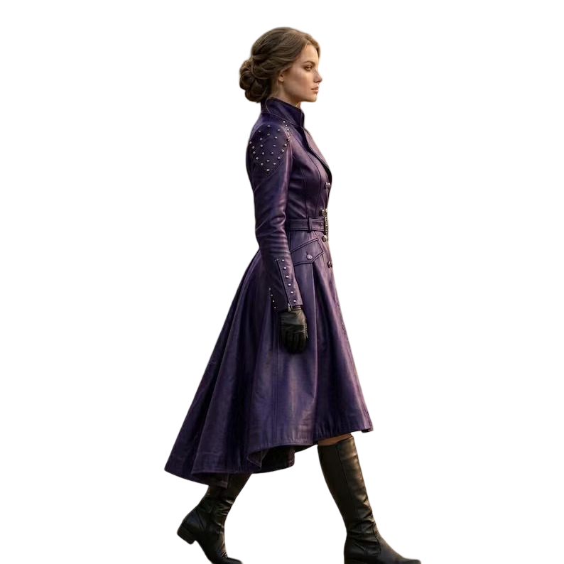 Side profile of purple leather trench coat for women