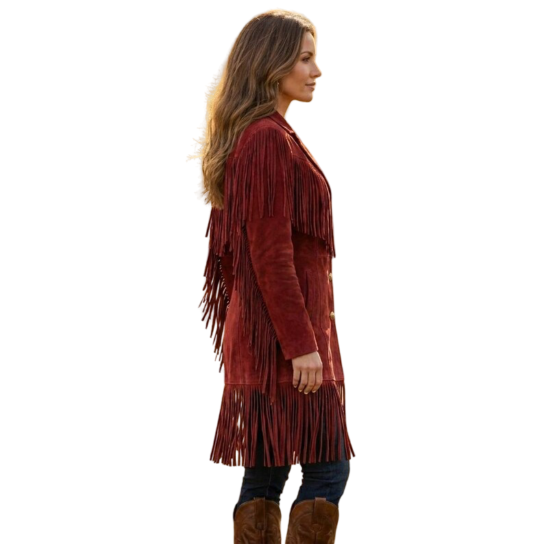 Side view of Women's Red Suede Fringe Western Cowgirl Long Coat showcasing premium suede leather and flowing fringe details.
