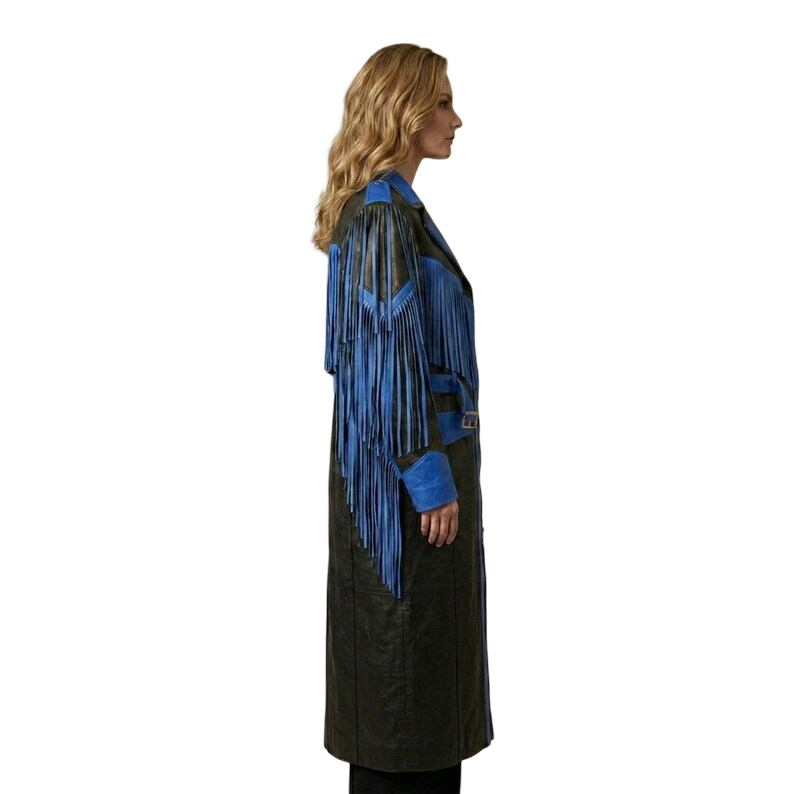 Side profile of women's boho leather fringe coat in black and blue