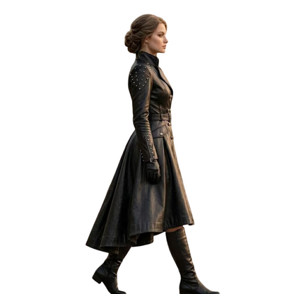 Side profile of vintage black leather trench coat
