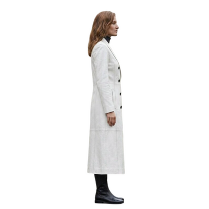Side profile of women's white leather trench coat