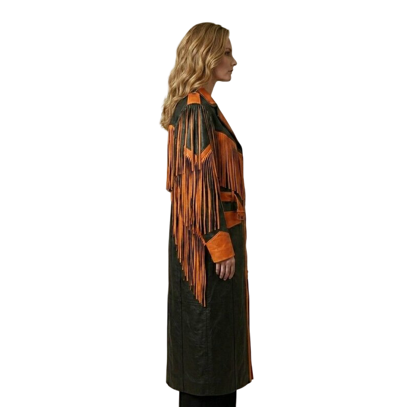 Side profile of black orange fringe leather coat