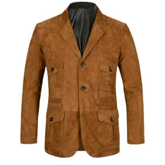 Men's Pure Suede Brown Leather Blazer Jacket - 2 Button