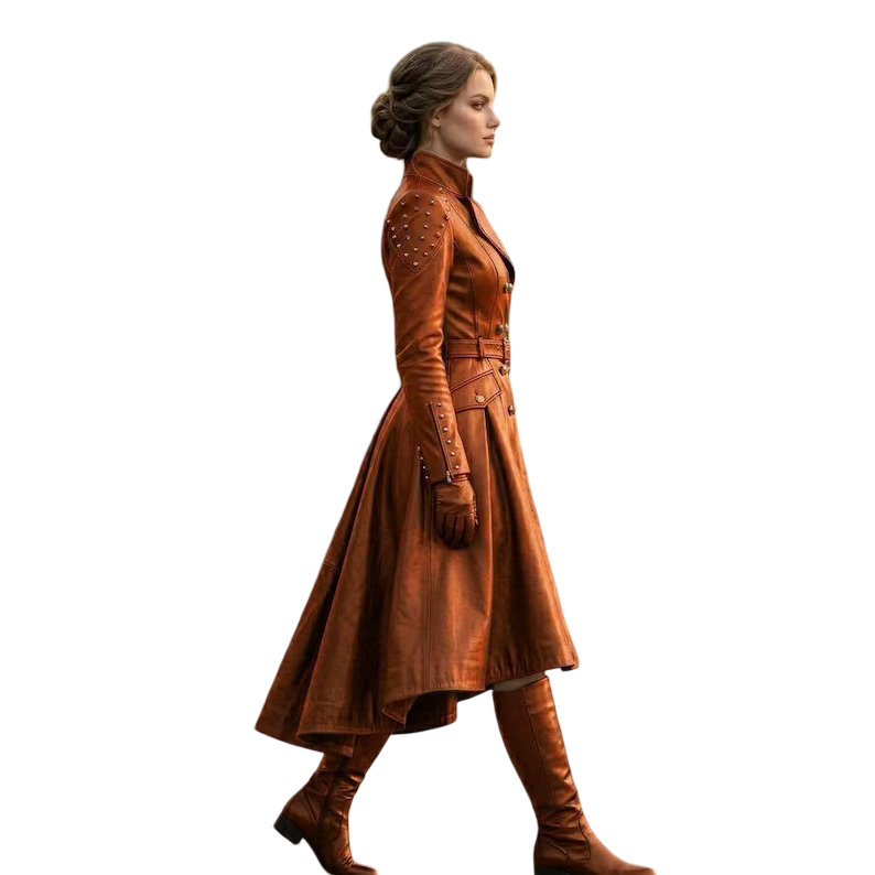 Side profile of orange leather trench coat for women