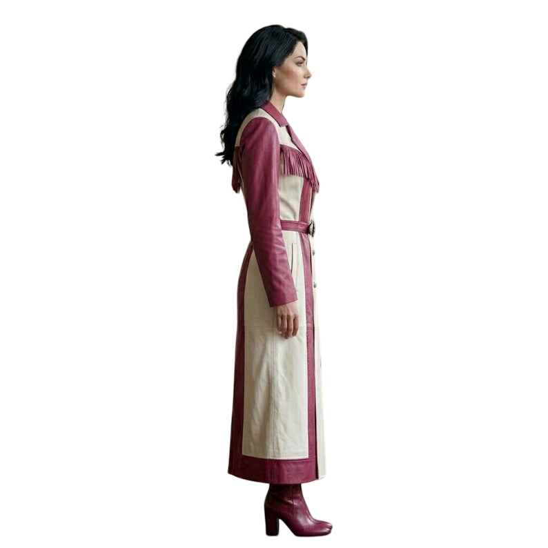 Side profile of pink white leather coat with western fringe details