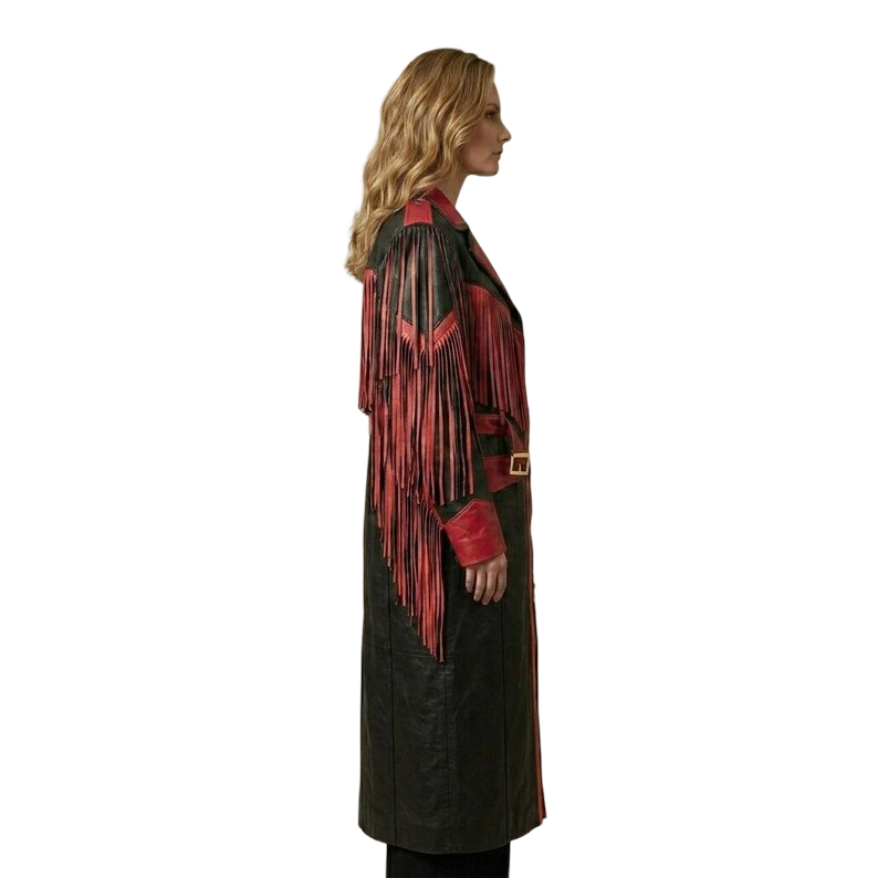 Side profile of premium black red leather fringe coat