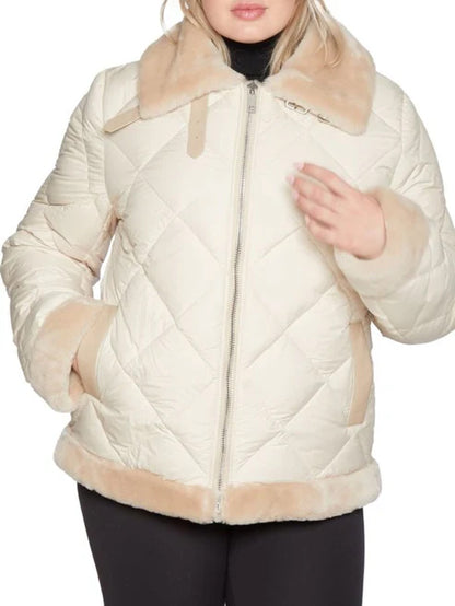 Beige shearling puffer jacket women