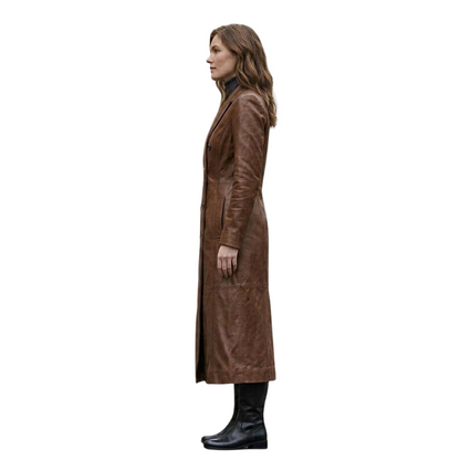 Side profile of brown leather trench overcoat