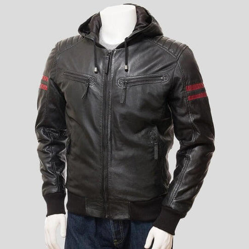 Men's Black Leather Jacket with Hood