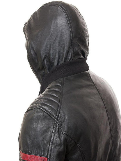 Men's Black Leather Jacket with Hood
