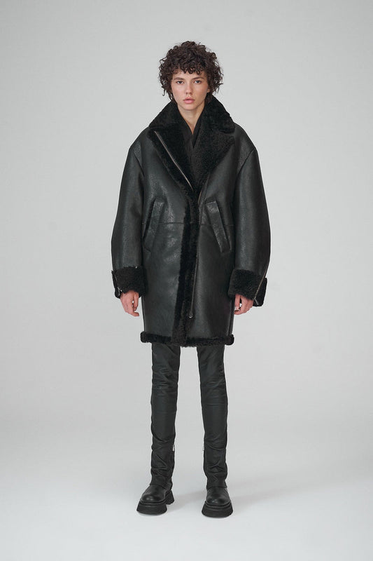 Black Leather Shearling Coat