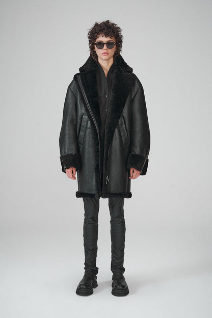 Black Leather Shearling Coat