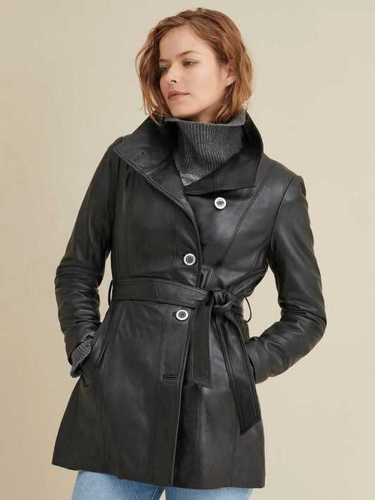 Black Leather Trench Coat for Women
