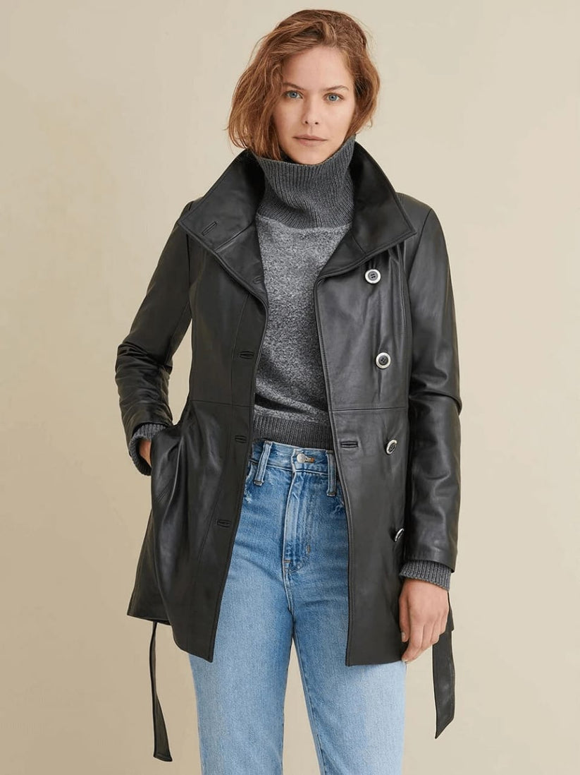 Black Leather Trench Coat for Women