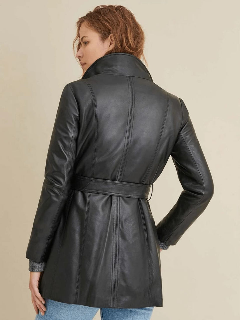 Black Leather Trench Coat for Women