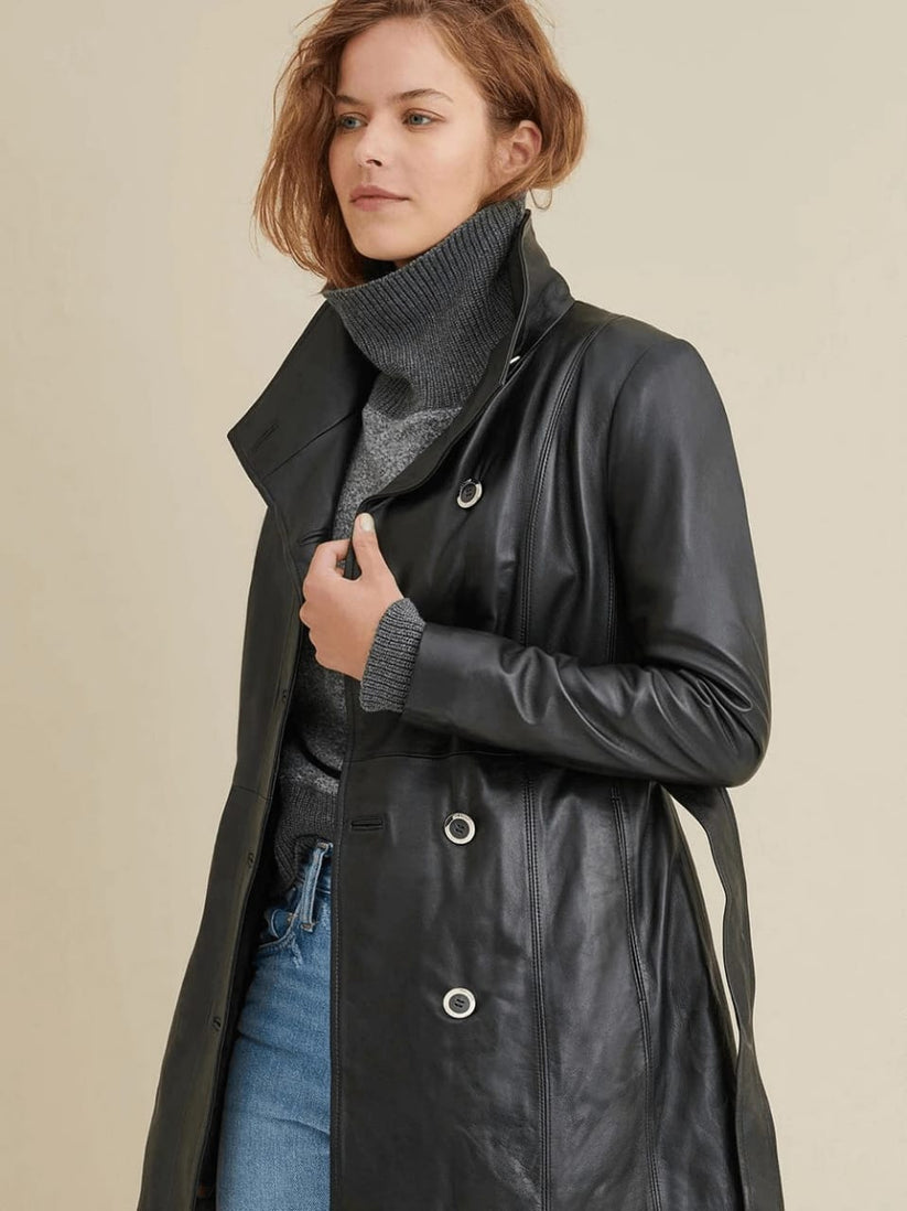 Black Leather Trench Coat for Women