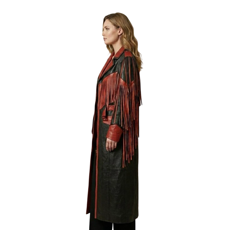 Side profile of premium black red leather fringe coat