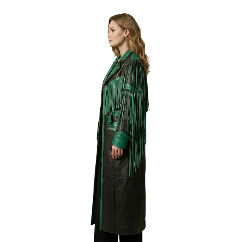 Women's western leather fringe coat side angle showcasing premium craftsmanship