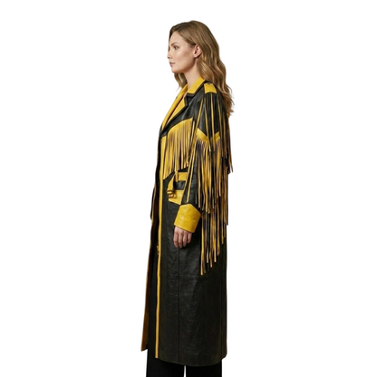 Side view of black yellow leather coat with western fringe styling