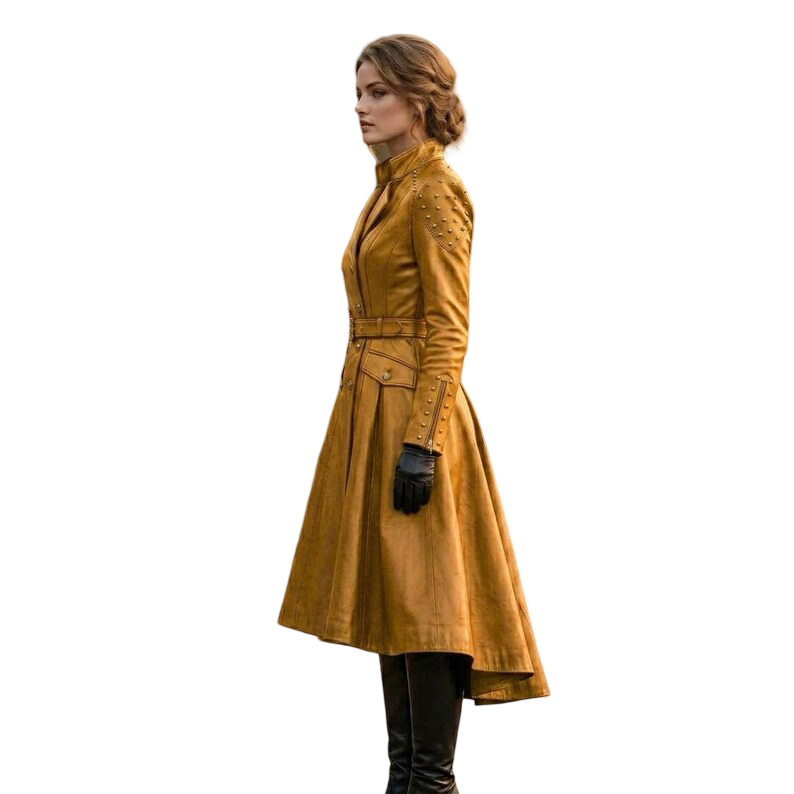Side profile of women's yellow leather trench coat