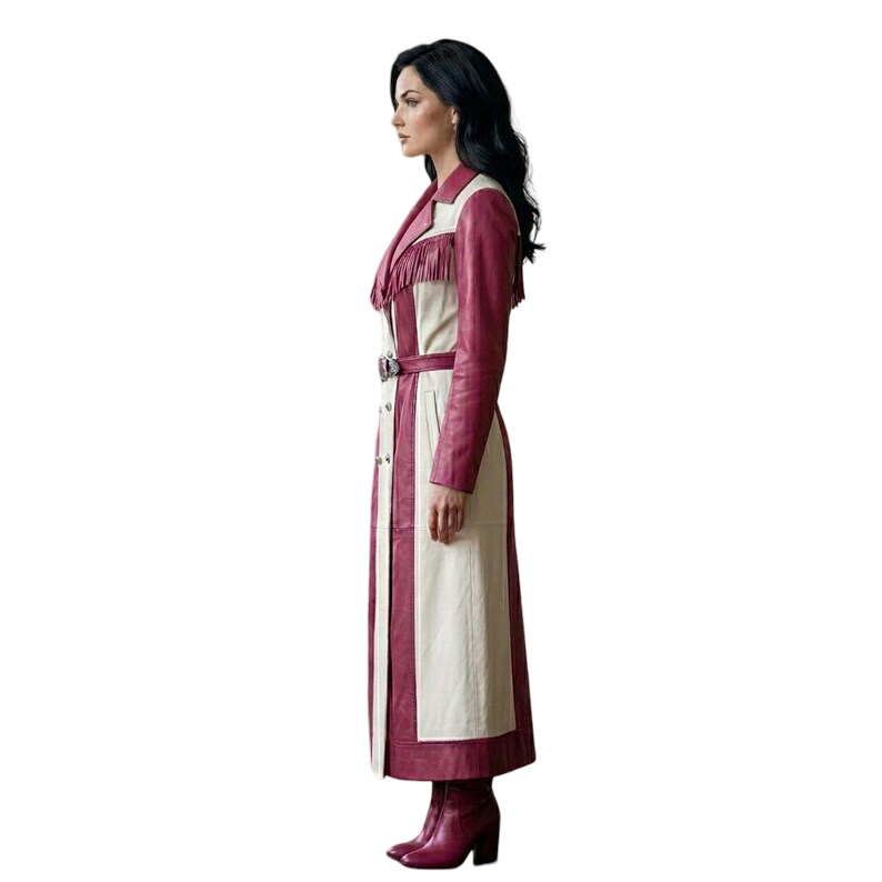 Side profile of pink white leather coat with western fringe details