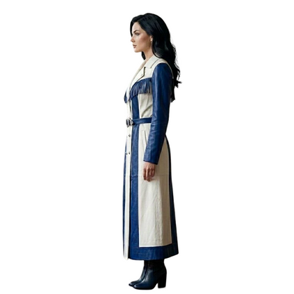 Women's Blue White Leather Fringe Trench Coat Western Cowgirl Duster