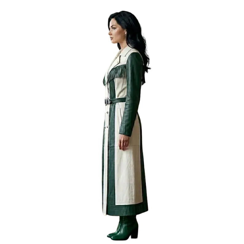 Side view of women's western leather trench coat