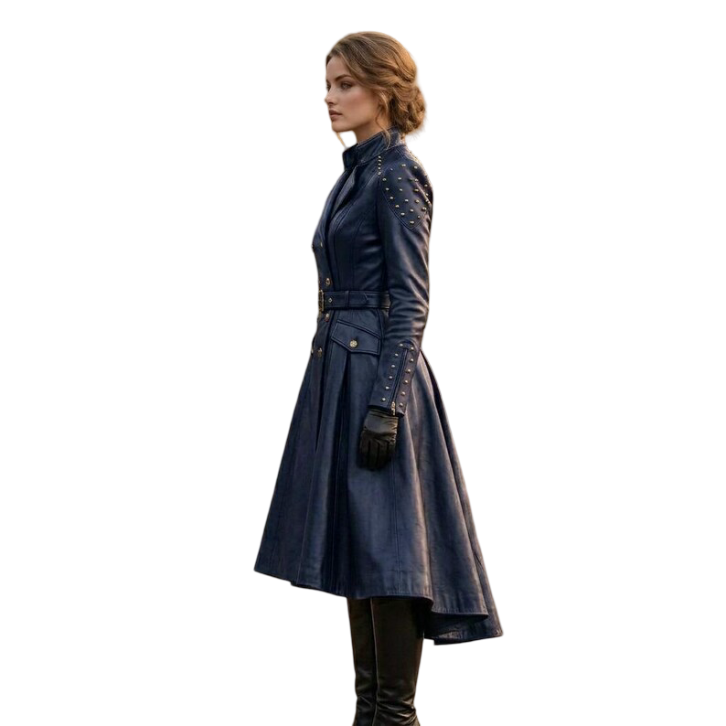 Side profile of cyberpunk biker leather trench coat