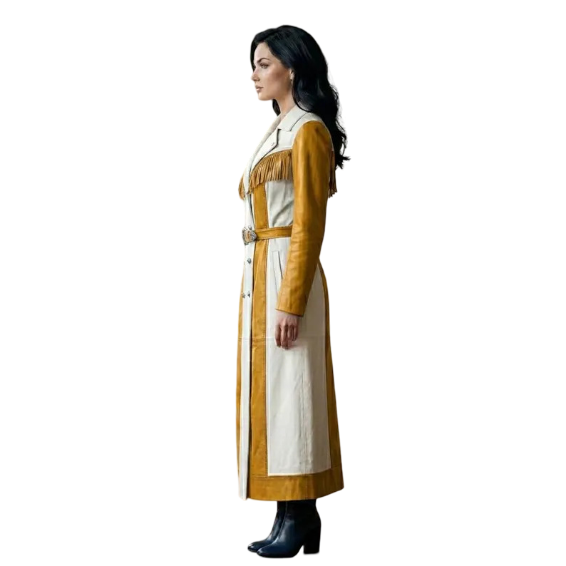 Side view of women's yellow white leather fringe trench coat with flowing fringe detail